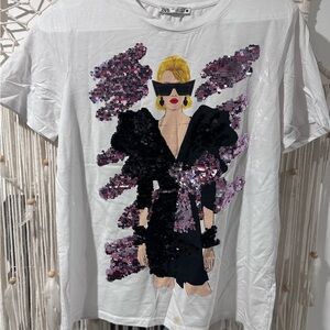 Zara White Tee with Sequin Fashion Graphic